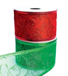 christmas ribbon for gift wrapping red wired ribbons green sheer wire organza set present wrap around, xmas tree decor crafts floral arrangement supplies & decoration 30 yards x 2 in wide each