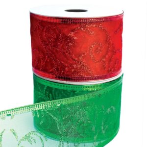 Christmas Ribbon for Gift Wrapping Red Wired Ribbons Green Sheer Wire Organza Set Present Wrap Around, Xmas Tree Decor Crafts Floral Arrangement Supplies & Decoration 30 Yards x 2 in Wide Each