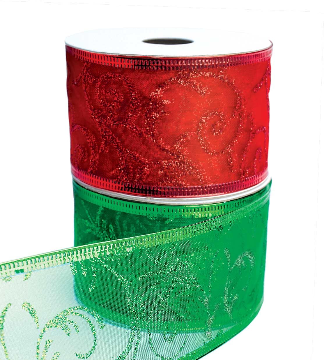 Christmas Ribbon for Gift Wrapping Red Wired Ribbons Green Sheer Wire Organza Set Present Wrap Around, Xmas Tree Decor Crafts Floral Arrangement Supplies & Decoration 30 Yards x 2 in Wide Each