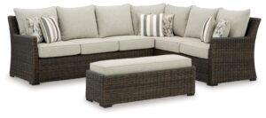 signature design by ashley brook ranch casual weather resistant right hand facing outdoor sofa sectional/bench with cushion and 6 throw pillows, set of 3, beige & dark brown