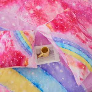 ANGIYUIN Rainbow Twin Size Comforter Set for Girls 6 Pieces Sparkle Tie Dye Pink Girls Bedding Comforter Sets Galaxy Kids Bed Comforter Sets Gradient Glitter Soft Bed in A Bag with Sheets