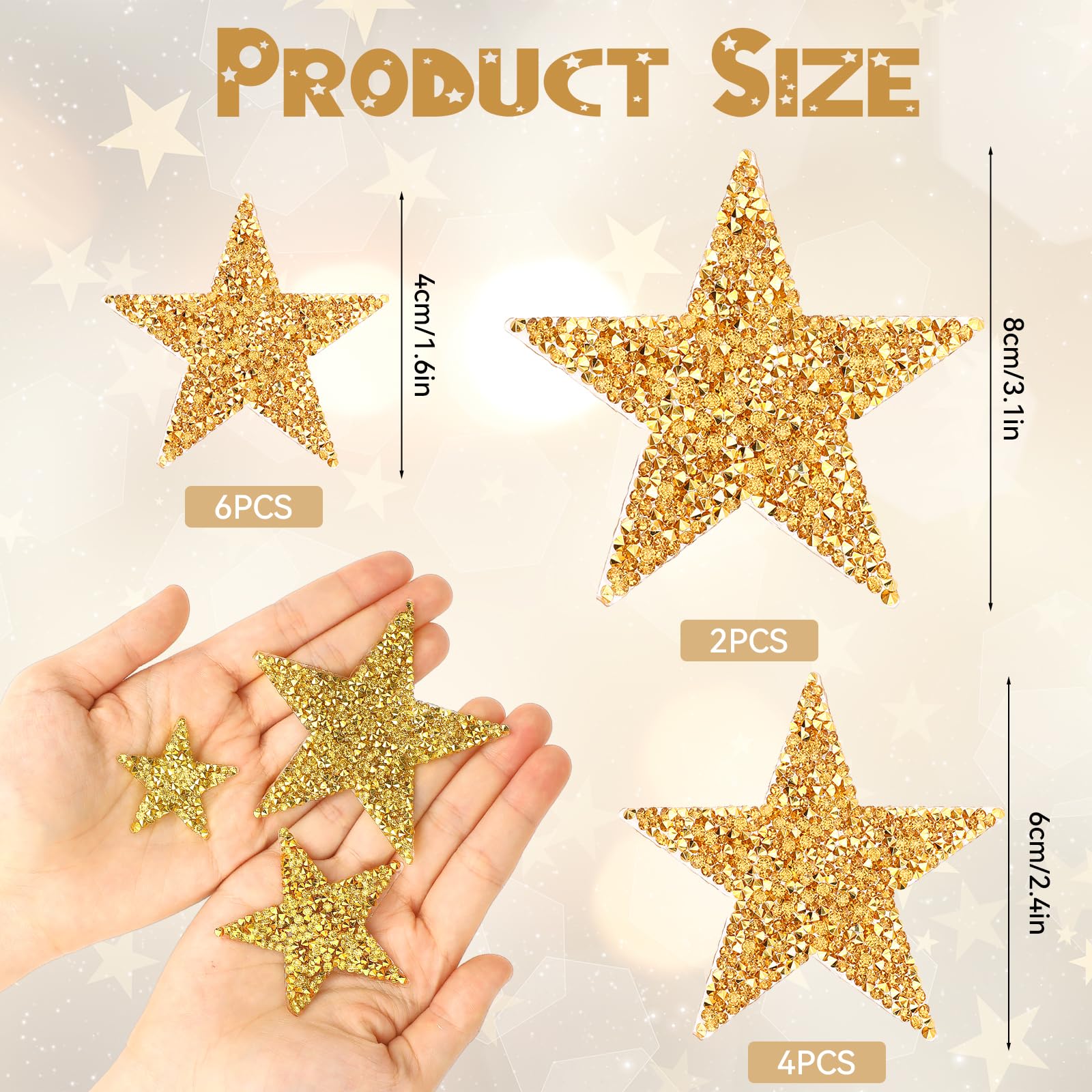 12pcs Star Iron On Patches Rhinestone Gold Stickers Adhesive Applique Stars Glitter Crystal Patches Sequin Vintage Patch Fabric Patch for Clothing,Jeans,Jackets,Caps,Dress,Bag,DIY Clothing Repair