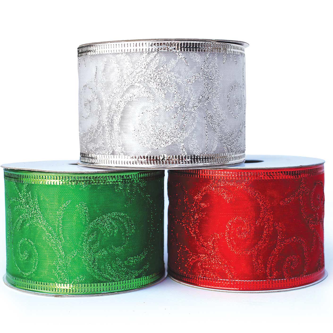 Christmas Ribbon for Gift Wrapping Green & Red Wired Ribbons Silver Sheer Wire Organza Set Present Wrap Around, Xmas Tree Decor Crafts Floral Arrangement Supplies & Decoration 50 Yards