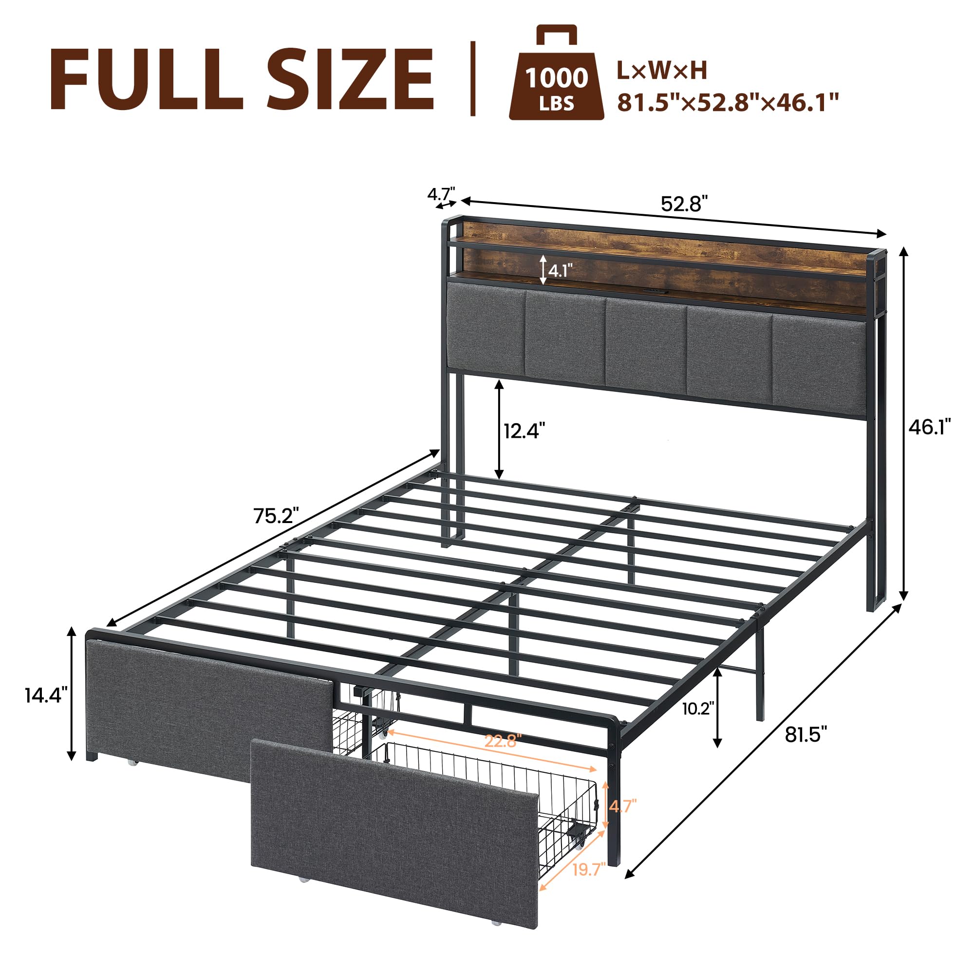 IDEALHOUSE Full Bed Frame with 2-Tier Storage Headboard, Upholstered Platform Bed Frame with 2 Storage Drawers, Built in Charging Station & LED, Noise-Free/Metal Support/No Box Spring Needed, Grey