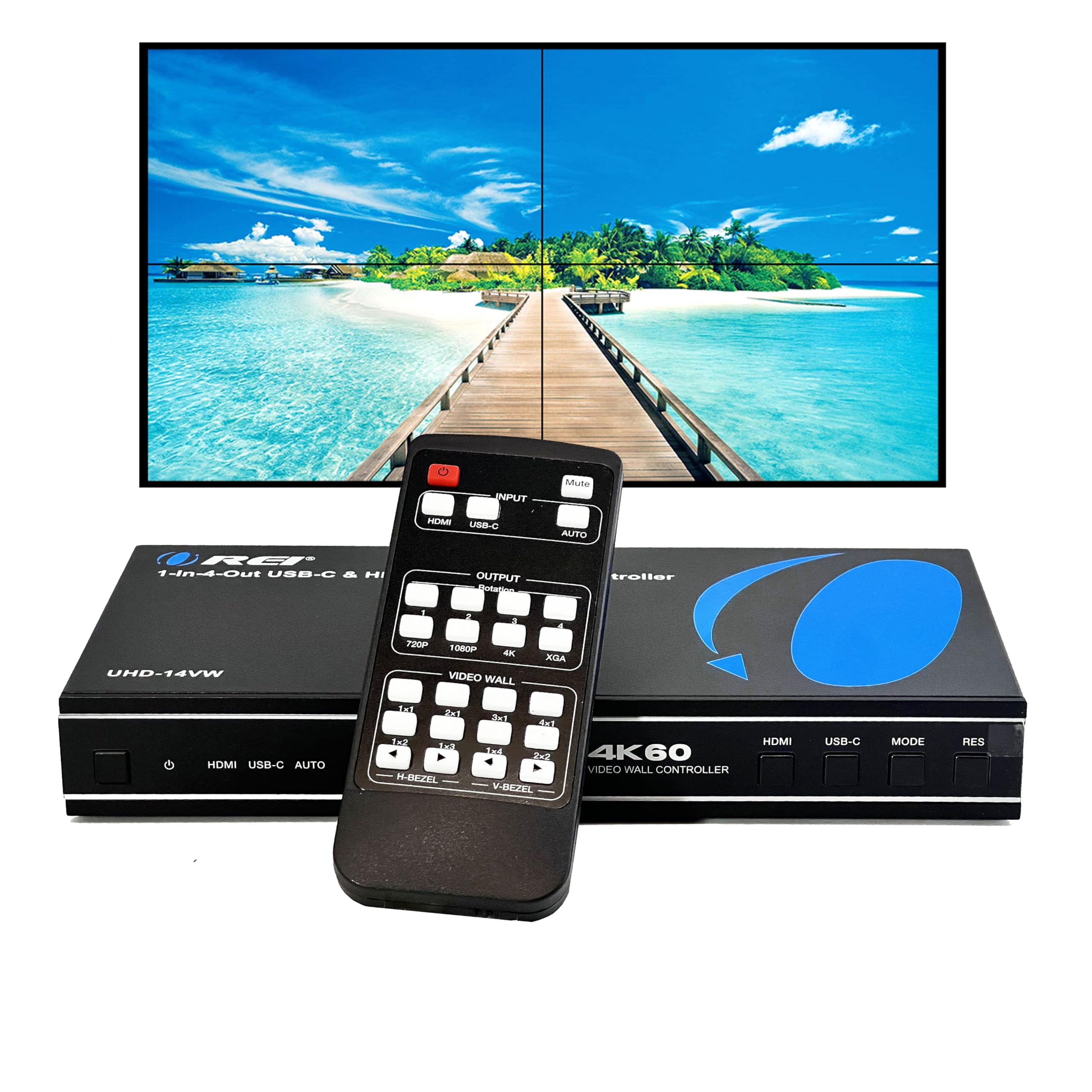 OREI 4K 2x2 HDMI or USB-C Video Wall Controller Processor Display Upto 4K 60hz 2x1, 1x2, 1x3, 1x4 Supports 180 Degree Rotate RS-232 Audio Extraction