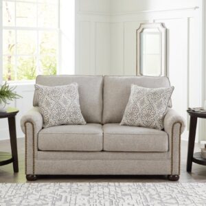 Signature Design by Ashley Gaelon Transitional Loveseat with Nailheads and 2 Accent Pillows, Beige