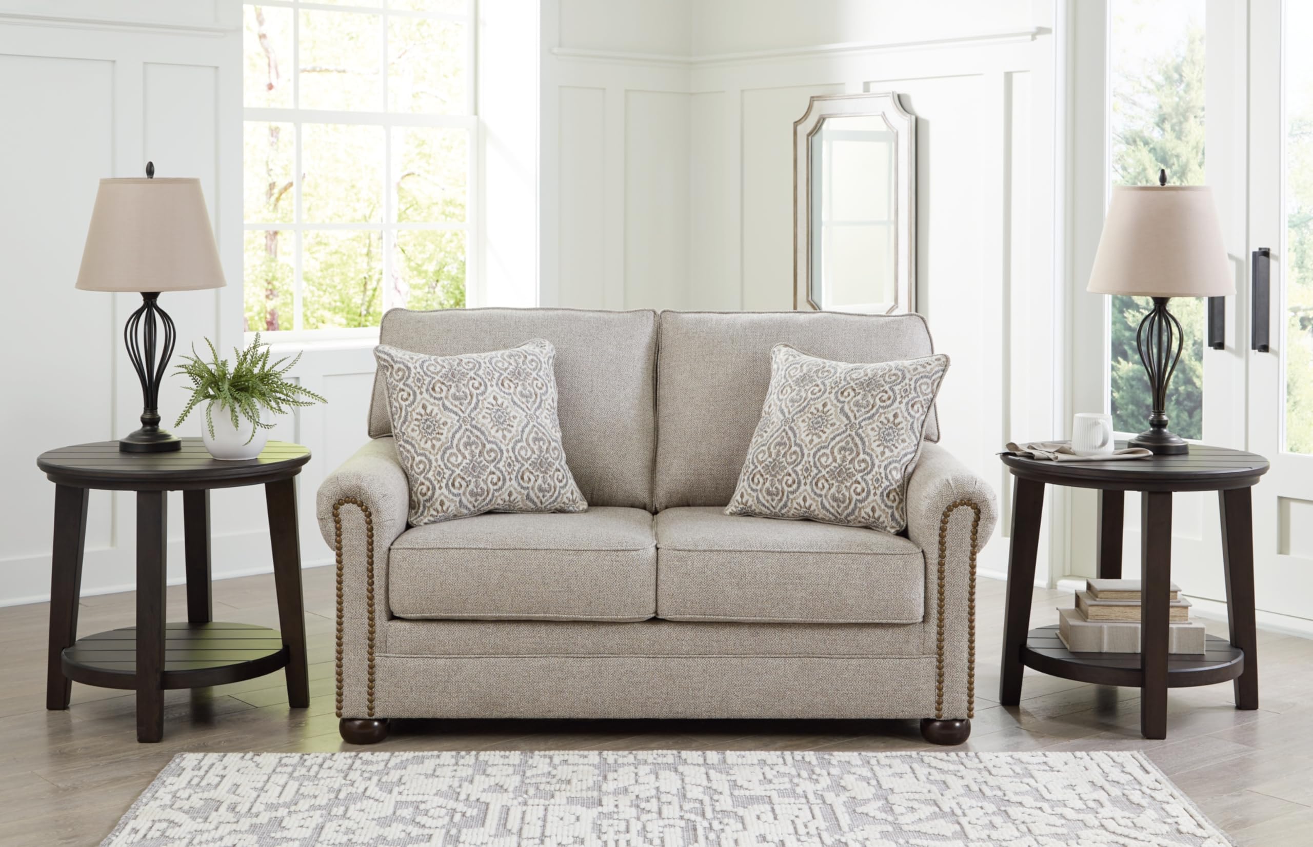 Signature Design by Ashley Gaelon Transitional Loveseat with Nailheads and 2 Accent Pillows, Beige