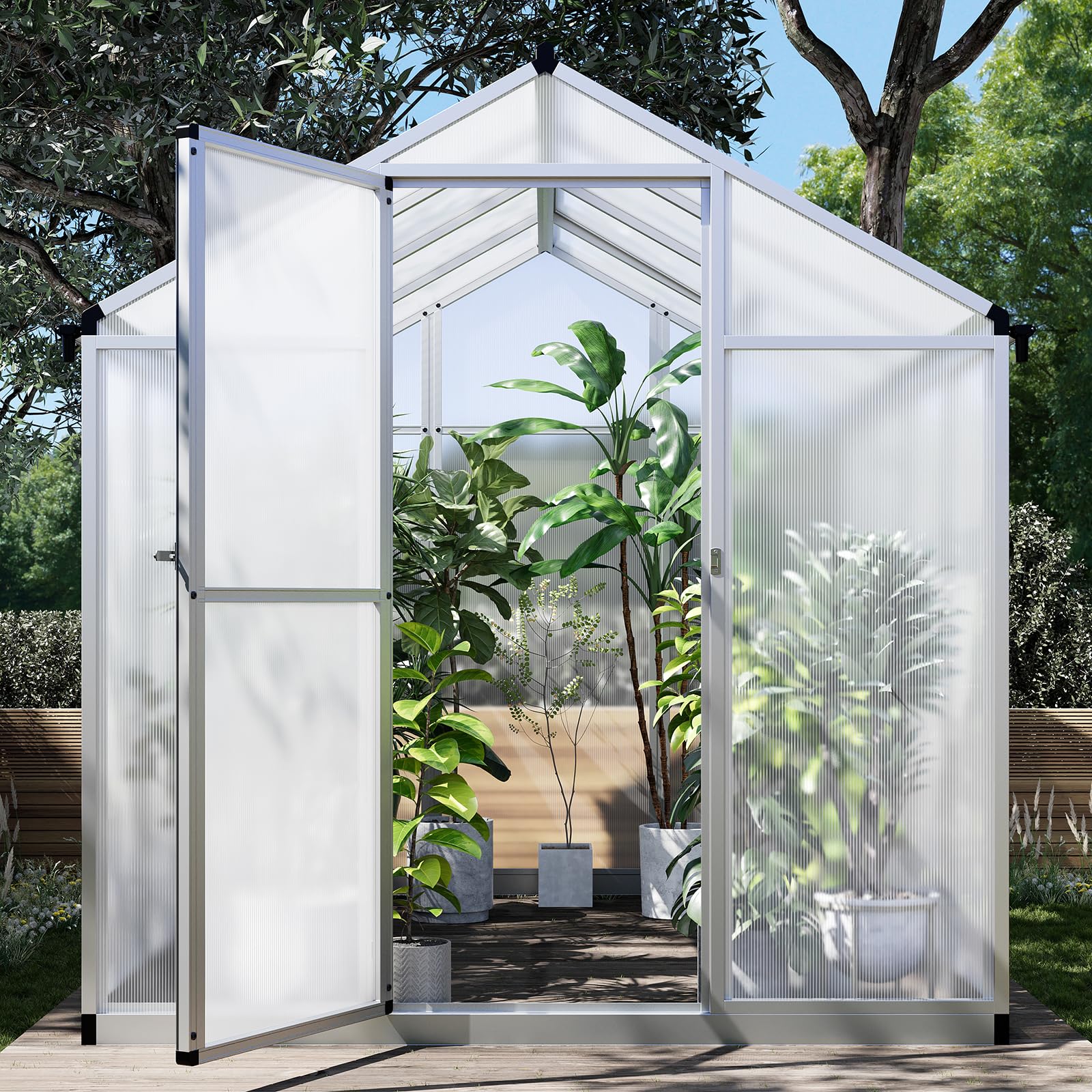 6x8 FT Greenhouse for Outdoors, Polycarbonate Greenhouse with Quick Setup Structure and Roof Vent, Aluminum Large Walk-in Greenhouse for Outside Garden Backyard, Silver