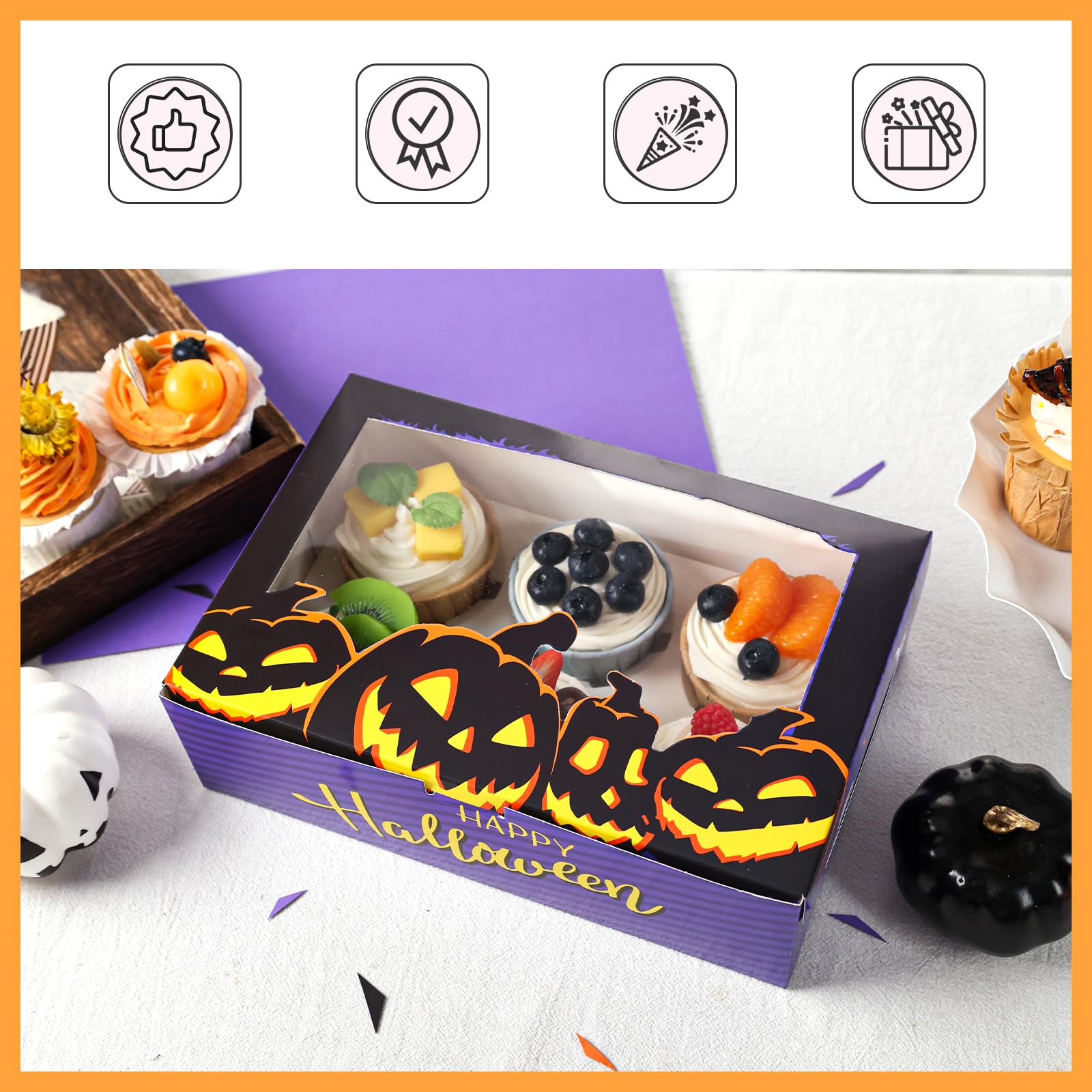 HONEYGIFTS 6 Count Cupcake Boxes, 6PCS Halloween Cupcake Boxes Cupcake Containers with Window Cupcake Holders Bakery Boxes for Holiday Party Supplies, 9.5 x 6.3 x 3 inches Purple