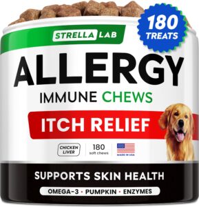 strellalab dog allergy relief & anti itch support chews w/omega 3: real ingredients, real taste! skin & coat immune supplement w/fish oil, pumpkin & enzymes — developed by experts - made in usa -180ct