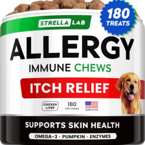 StrellaLab Dog Allergy Relief & Anti Itch Support Chews w/Omega 3: Real Ingredients, Real Taste! Skin & Coat Immune Supplement w/Fish Oil, Pumpkin & Enzymes — Developed by Experts - Made in USA -180Ct