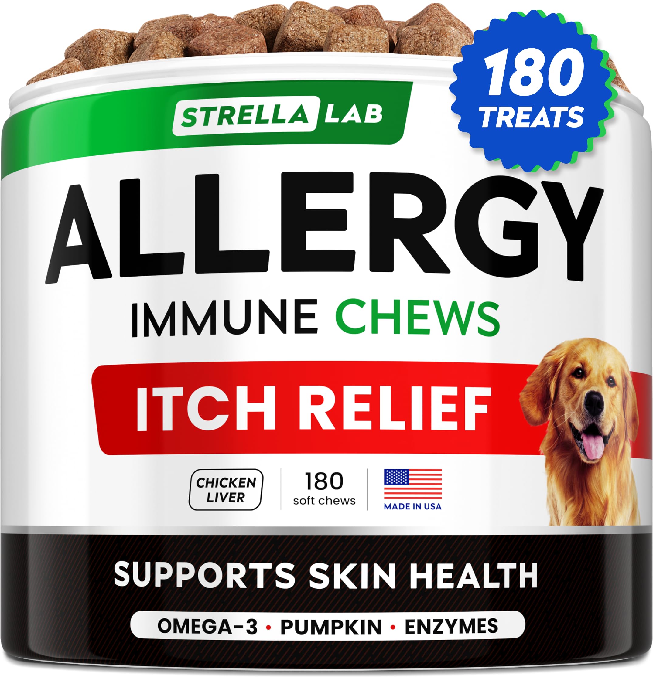 StrellaLab Dog Allergy Relief & Anti Itch Support Chews w/Omega 3: Real Ingredients, Real Taste! Skin & Coat Immune Supplement w/Fish Oil, Pumpkin & Enzymes — Developed by Experts - Made in USA -180Ct