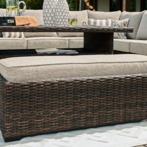 Signature Design by Ashley Brook Ranch Casual Weather Resistant Right Hand Facing Outdoor Sofa Sectional/Bench with Cushion and 6 Throw Pillows, Set of 3, Beige & Dark Brown