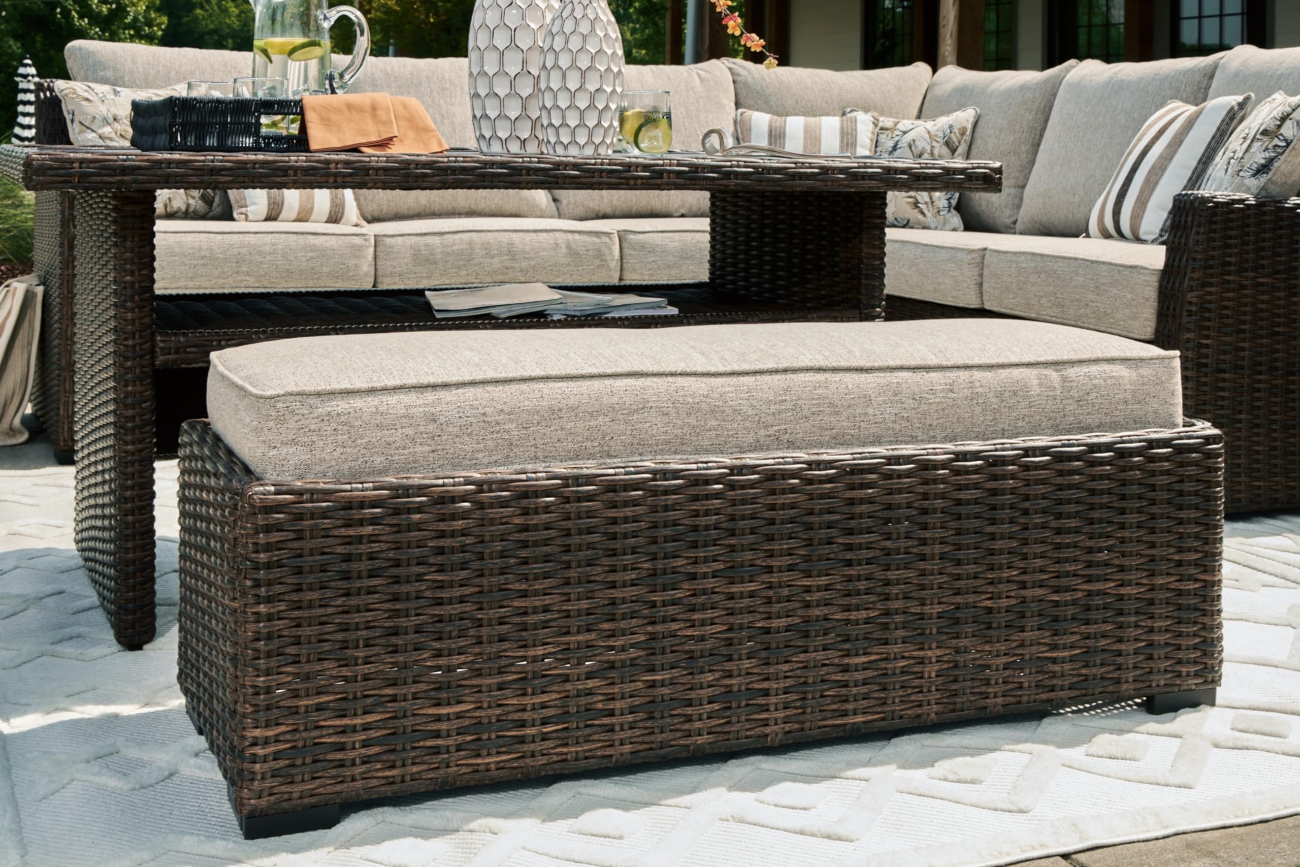 Signature Design by Ashley Brook Ranch Casual Weather Resistant Right Hand Facing Outdoor Sofa Sectional/Bench with Cushion and 6 Throw Pillows, Set of 3, Beige & Dark Brown