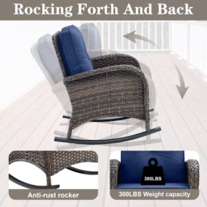 Artfurniz Patio Rocking Chair: Outdoor Wicker Rocker Porch Rocking Chair with Removable Cushion, 300 Lb Weight Capacity Rattan Rocking Seating for Balcony Garden Light Brown/Blue