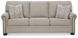 signature design by ashley gaelon transitional 2-in-1 sofa sleeper with folding gel memory foam mattress, nailheads and 2 accent pillows, queen, beige