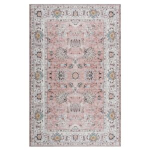 ULTSOFE Machine Washable Rug 4x6 Boho Area Rug, Pink Rugs for Bedroom Girls Bedside Living Room Dining Room Office, Anti Slip Low-Pile Stain Resistant Printed Vintage Floral Carpet