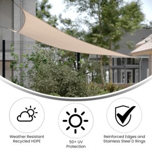 Flash Furniture Palmetto Triangle Sun Sail Canopy, Recycled HDPE with Reinforced Edges, Stainless Steel D Rings, Included 5 FT Nylon Attachment Ropes, 12 FT, Sand