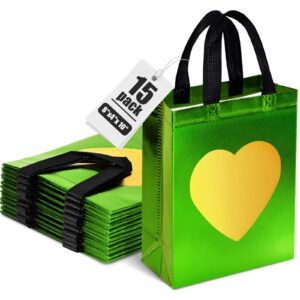 mcpinky 15pcs gift bags with handles, green non-woven bags with shiny gold heart reusable gift bags medium size party favor bags for birthday wedding party favors