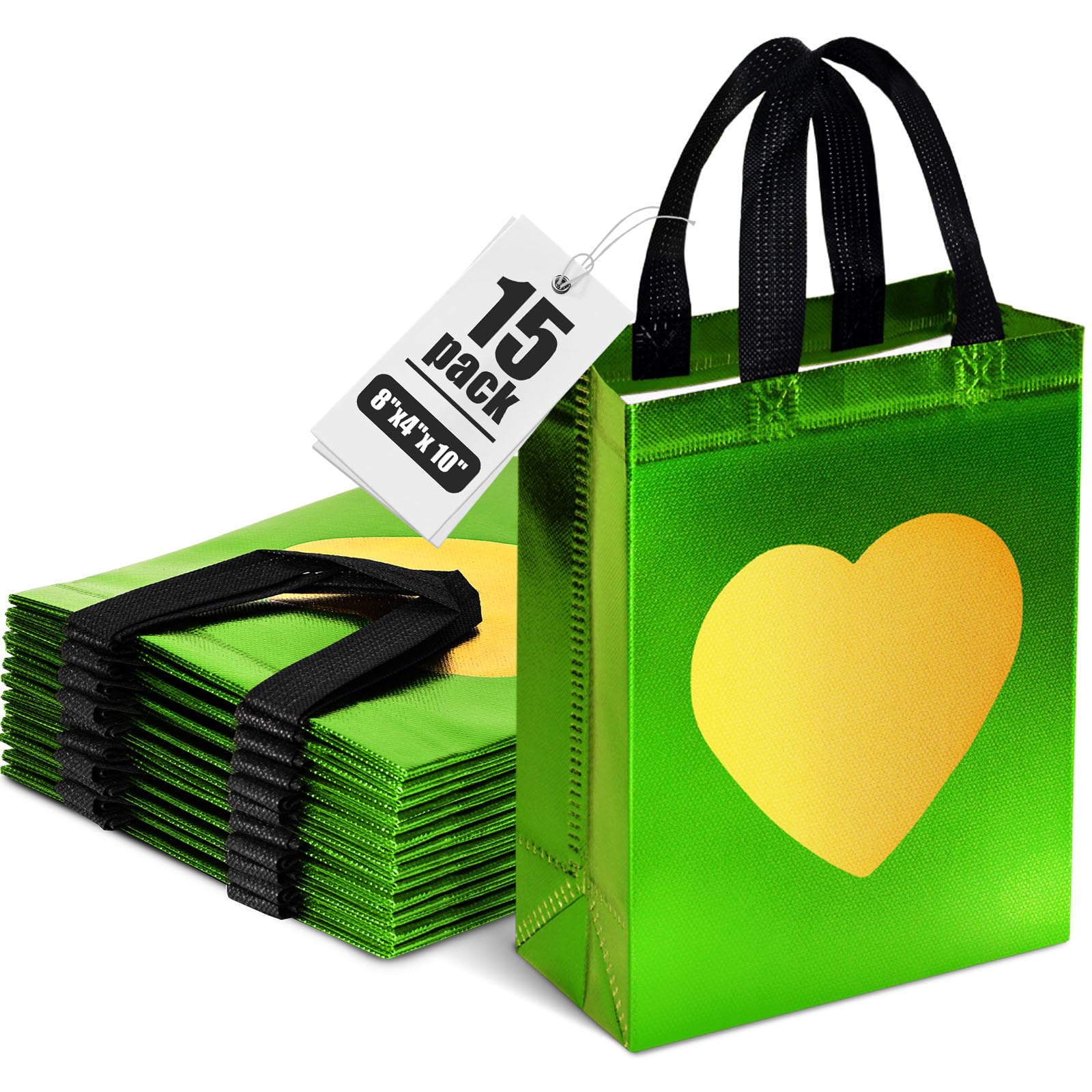 MCPINKY 15PCS Gift Bags with Handles, Green Non-woven Bags with Shiny Gold Heart Reusable Gift Bags Medium Size Party Favor Bags for Birthday Wedding Party Favors