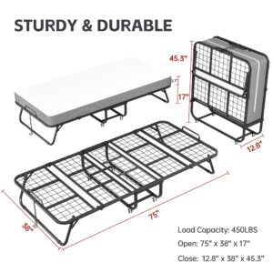 INTERGREAT Folding Bed with Mattress, Foldable Twin Bed, Roll Away Bed for Adults, 75" x 38" Portable Roll Away Guest Beds with 5" Mattress, Folded Bed Frame for Guest Room, Small Apartment