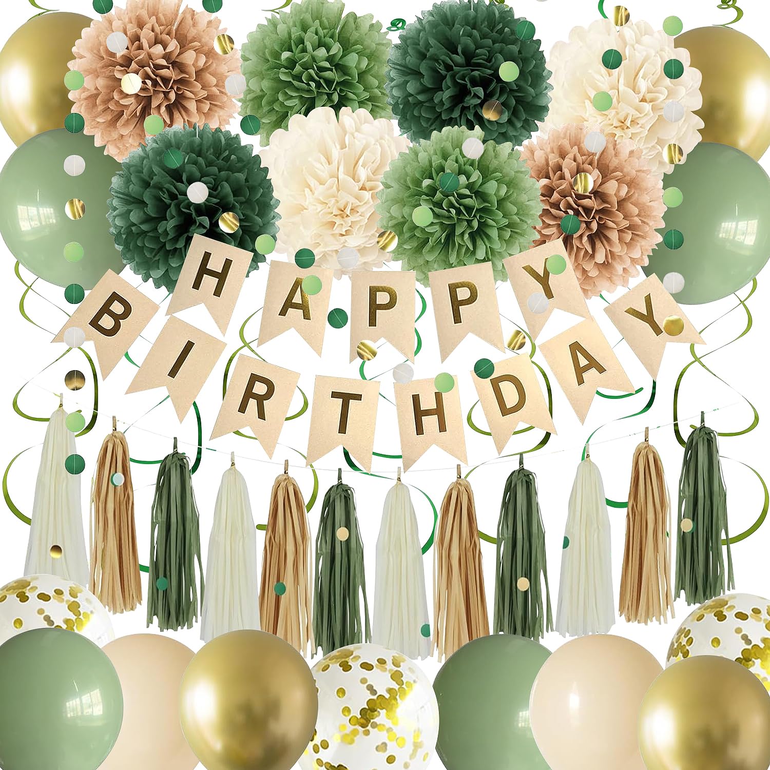 Green Birthday Party Decorations for Women Girls with Happy Birthday Banner,Tissue Paper Pompoms, Paper Tassel,Circle Garland,Hanging Swirl,Birthday Balloons for Party Decor (sage green)