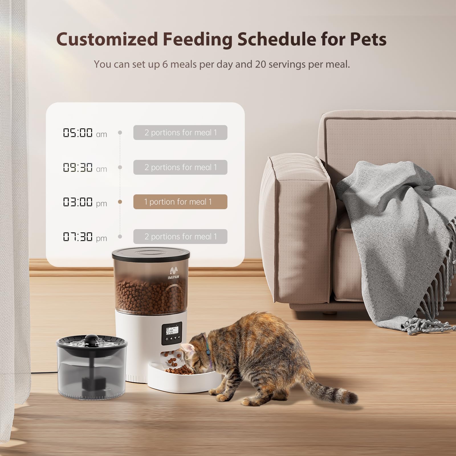 IMIPAW Automatic Cat Feeder and Water Fountain, Timed Pet Dry Food Dispenser, Programmable Portion Control, 1-6 Meals Per Day, Cat Fountains for Drinking with Filter, Small Pets (3L Combo)