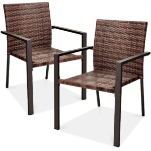 best choice products set of 2 stackable outdoor wicker dining chairs all-weather firepit armchair w/armrests, steel frame for patio, deck, garden, yard - light brown