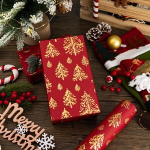 Flyhill Kraft Christmas Wrapping Paper-17inch*32.8ft（46.8sq.ft.ttl Per Roll- Red and Gold 3D Embossed Foil Christmas Trees Design for New Year,Birthday,Party,Craft & Art