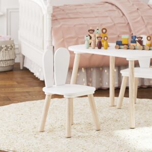 UTEX Kids Table and Chair Set, Toddler Table with Bunny Chair and Bench, 3 Pieces Wooden Children Table for Kids Room, Classroom, Nursery, White