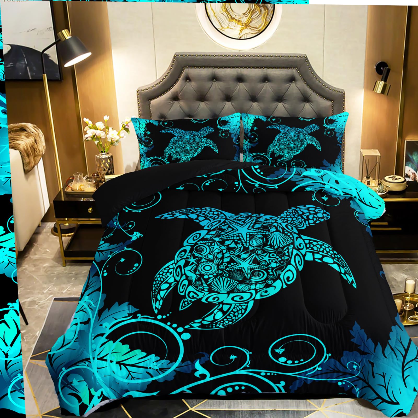 Nttopship Blue and Black Sea Turtles Comforter Sets Twin Size， Bedding Sets for Kids,Oceans and Starfish Comforter Sets All Season 1 Comforter and 2 Pillowcases