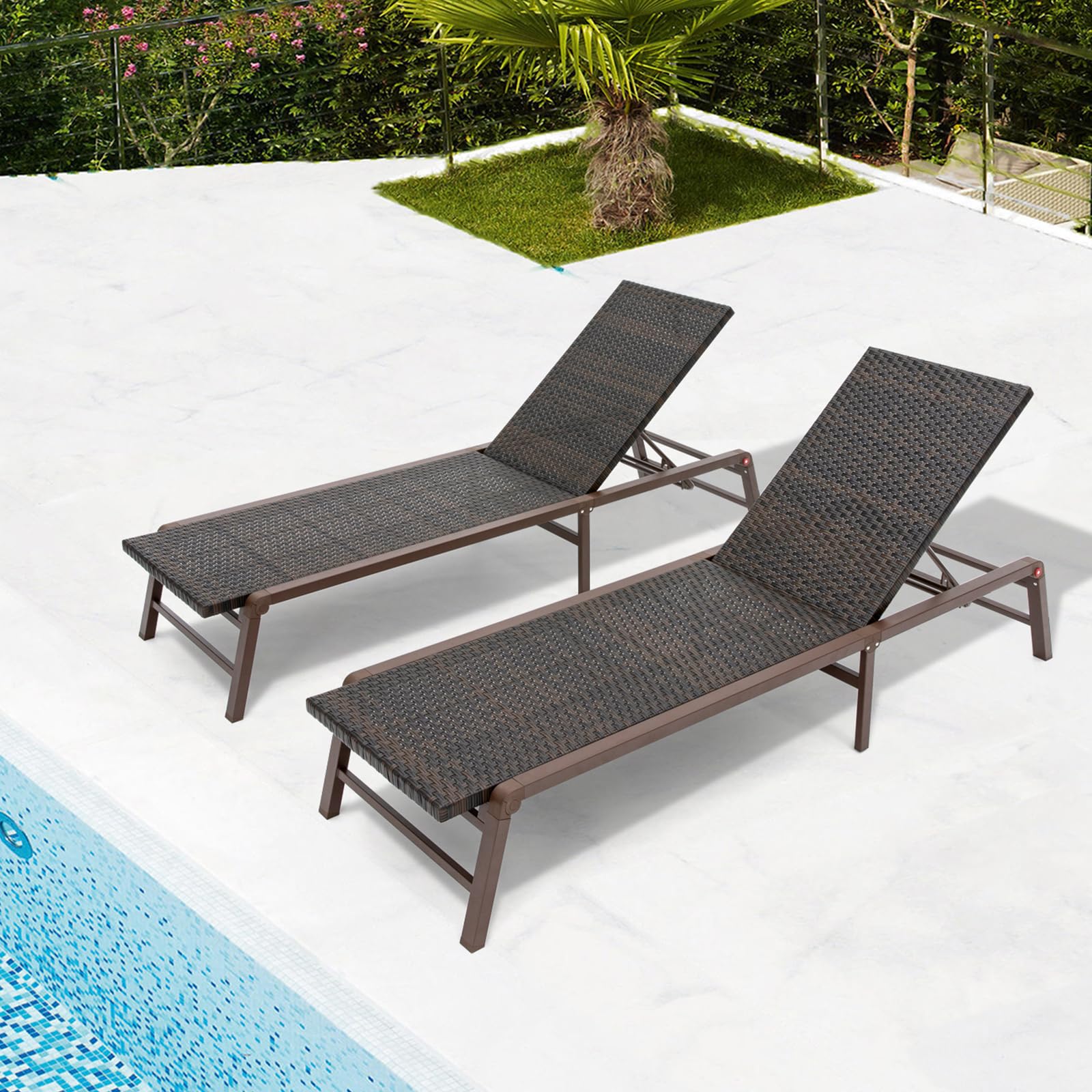 FHVIT Outdoor Chaise Lounge Set of 2, Assemble-Free Aluminum Lounge Chairs for Poolside Outside Sunbathing, Backyard Lay Flat Patio Lounge Chairs, Rattan Brown