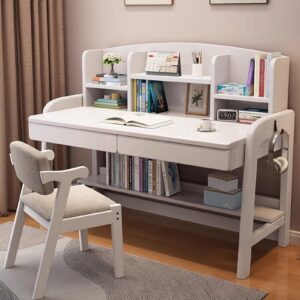 Solid Wood Desk Kids Desks with Drawers and Bookshelf, Height-Adjustable Desk Suit for All Ages, Learning Computer Workstation Writing Desk with Hooks, Study Home Office Desk ( Color : White with chai