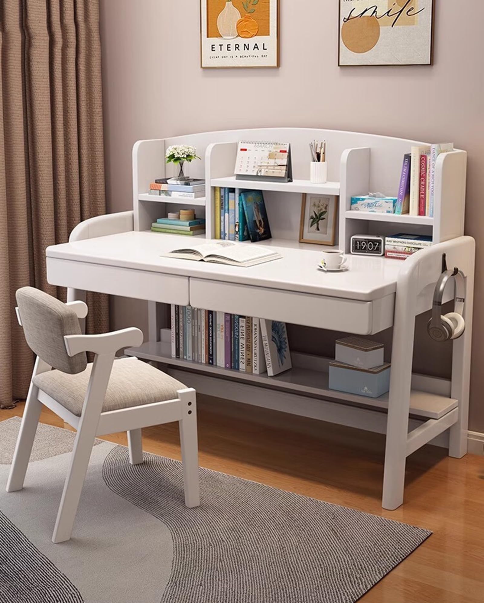 Solid Wood Desk Kids Desks with Drawers and Bookshelf, Height-Adjustable Desk Suit for All Ages, Learning Computer Workstation Writing Desk with Hooks, Study Home Office Desk ( Color : White with chai