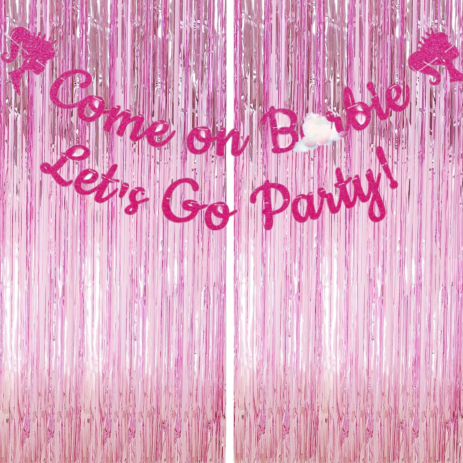 Come on, Let's Go Party Banner with Fringe Curtains, Pink Bachelorette Party Decorations, Pink Themed Bachelorette Backdrop Disco Party Decorations Pink Glitter (Metallic Pink)