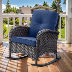 artfurniz patio rocking chair: outdoor wicker rocker porch rocking chair with removable cushion, 300 lb weight capacity rattan rocking seating for balcony garden light brown/blue