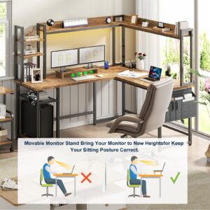 Aheaplus L Shaped Gaming Desk, Reversible L Shaped Desk with Power Outlet and Led Lights, Gaming Desk Corner Computer Desk with Hutch, Monitor Stand and Storage Bag for Home Office, Rustic Brown