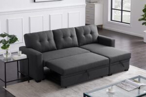 acqca 82" sectional sleeper sofa with pull out bed and chaise storage, l-shape reversible 3 seater couch with tufted backrest for living room,apartment,office, dark gray-1