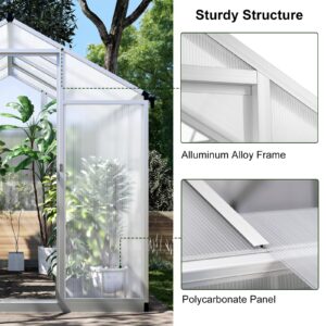 6x8 FT Greenhouse for Outdoors, Polycarbonate Greenhouse with Quick Setup Structure and Roof Vent, Aluminum Large Walk-in Greenhouse for Outside Garden Backyard, Silver