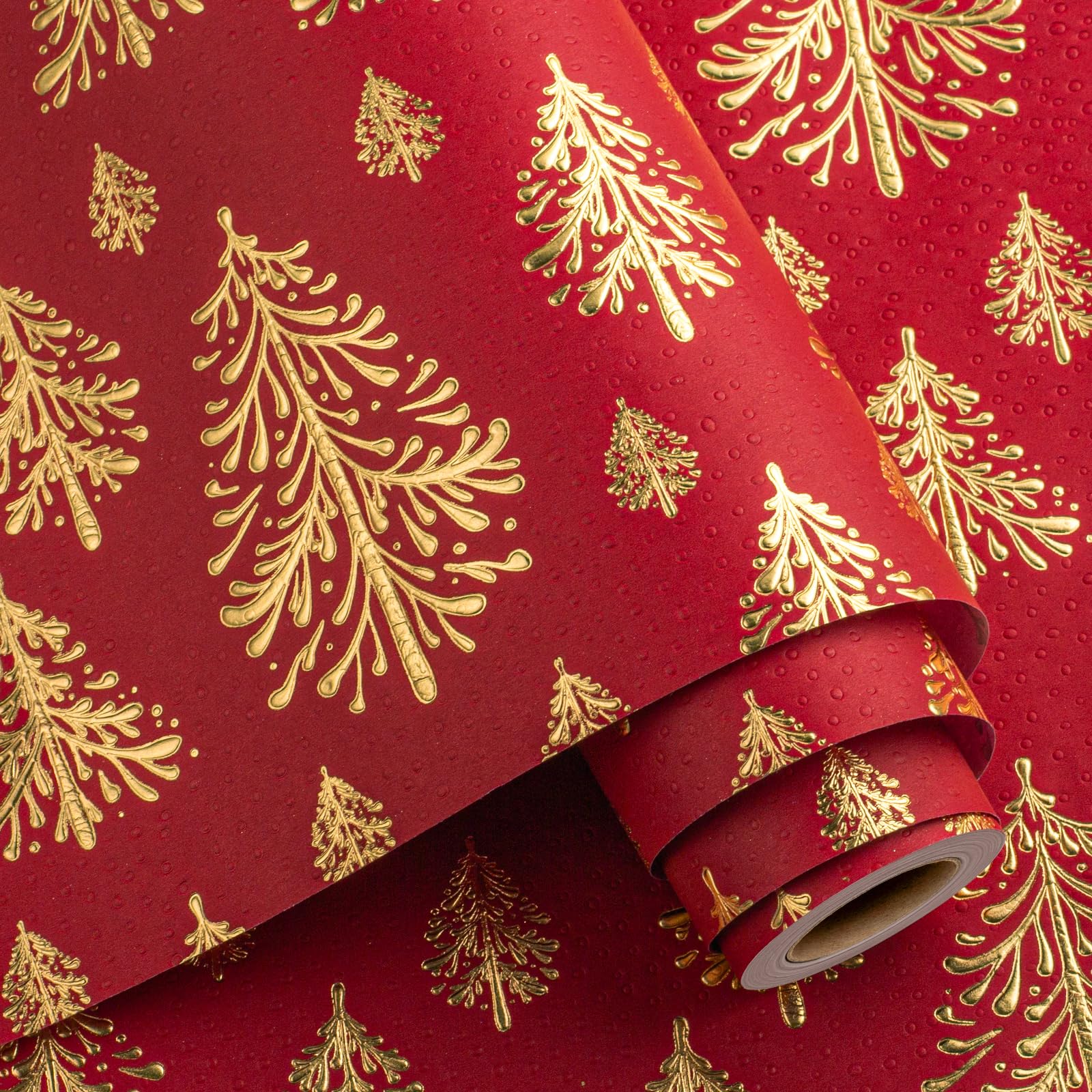 Flyhill Kraft Christmas Wrapping Paper-17inch*32.8ft（46.8sq.ft.ttl Per Roll- Red and Gold 3D Embossed Foil Christmas Trees Design for New Year,Birthday,Party,Craft & Art