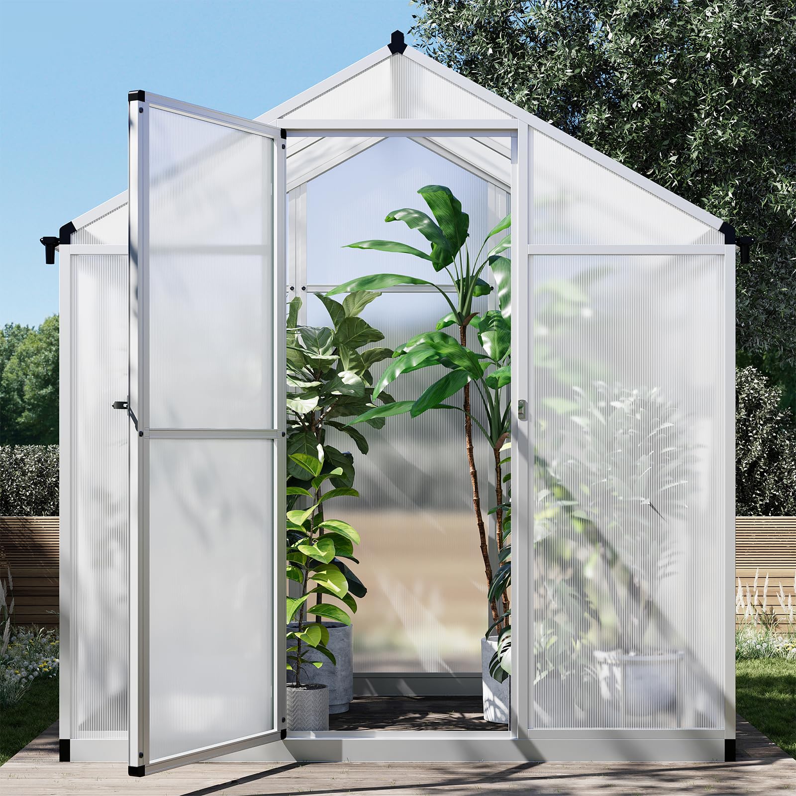 Garvee 6x4 FT Greenhouse for Outdoors, Polycarbonate Greenhouse with Quick Setup Structure and Roof Vent, Aluminum Large Walk-in Greenhouse for Outside Garden Backyard, Silver