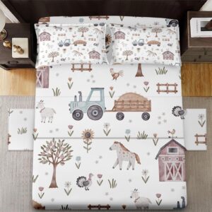 WeCozy Twin Size 3 Pcs Bed Fitted Sheet Set with 16" Deep Pocket, Animal Farm Tractor Flat Sheet Set for Kids and Adults, House Tree Pig Bedding Set with Pillowcase for Bedroom Decor