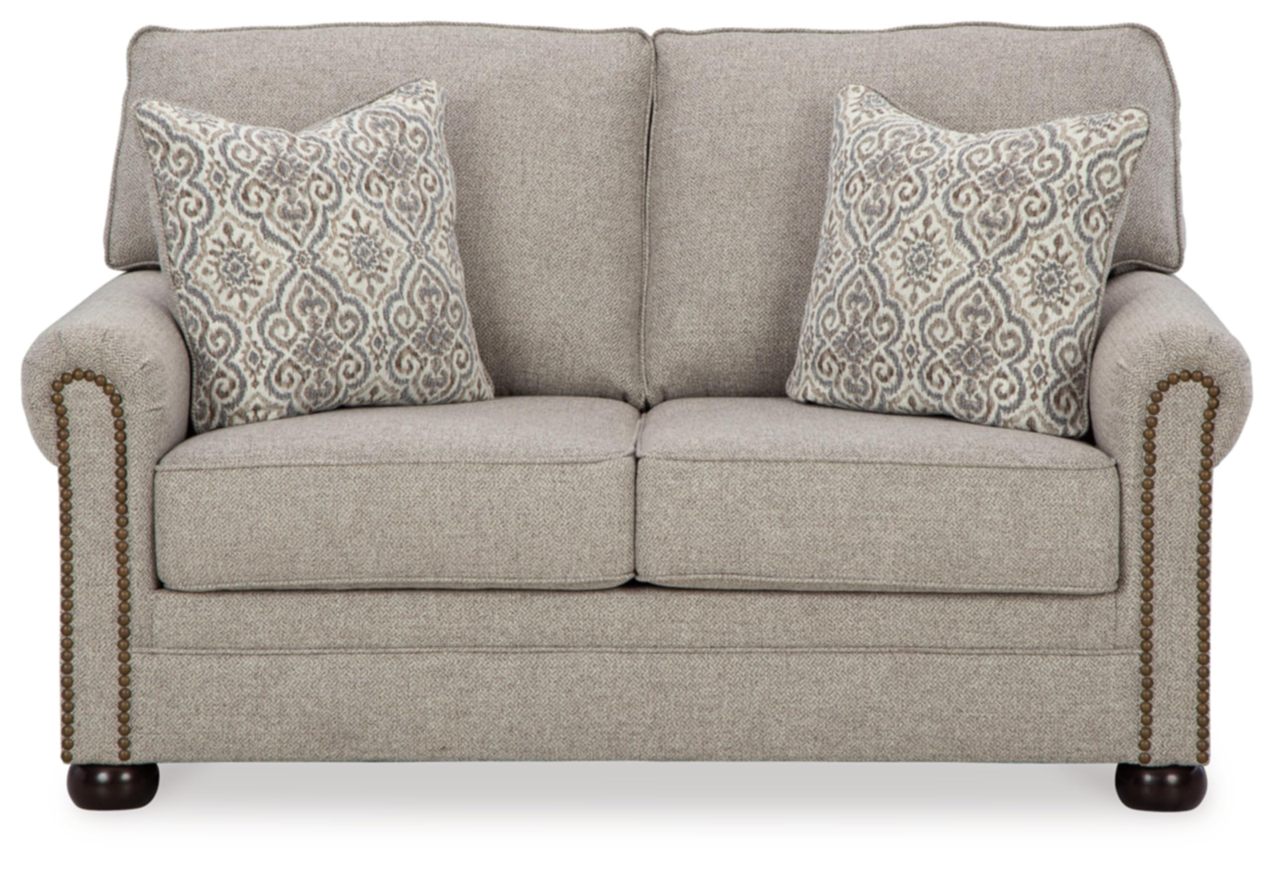 Signature Design by Ashley Gaelon Transitional Loveseat with Nailheads and 2 Accent Pillows, Beige