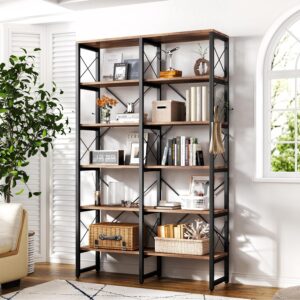 oneinmil double wide 6-tier bookcase, industrial bookshelf with metal frame, open large book shelf, wood and tall display shelves for home and office, rustic brown and black