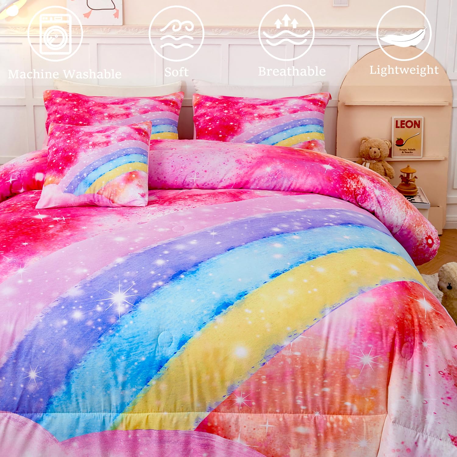 ANGIYUIN Rainbow Twin Size Comforter Set for Girls 6 Pieces Sparkle Tie Dye Pink Girls Bedding Comforter Sets Galaxy Kids Bed Comforter Sets Gradient Glitter Soft Bed in A Bag with Sheets