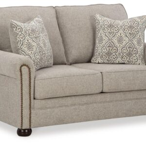 Signature Design by Ashley Gaelon Transitional Loveseat with Nailheads and 2 Accent Pillows, Beige