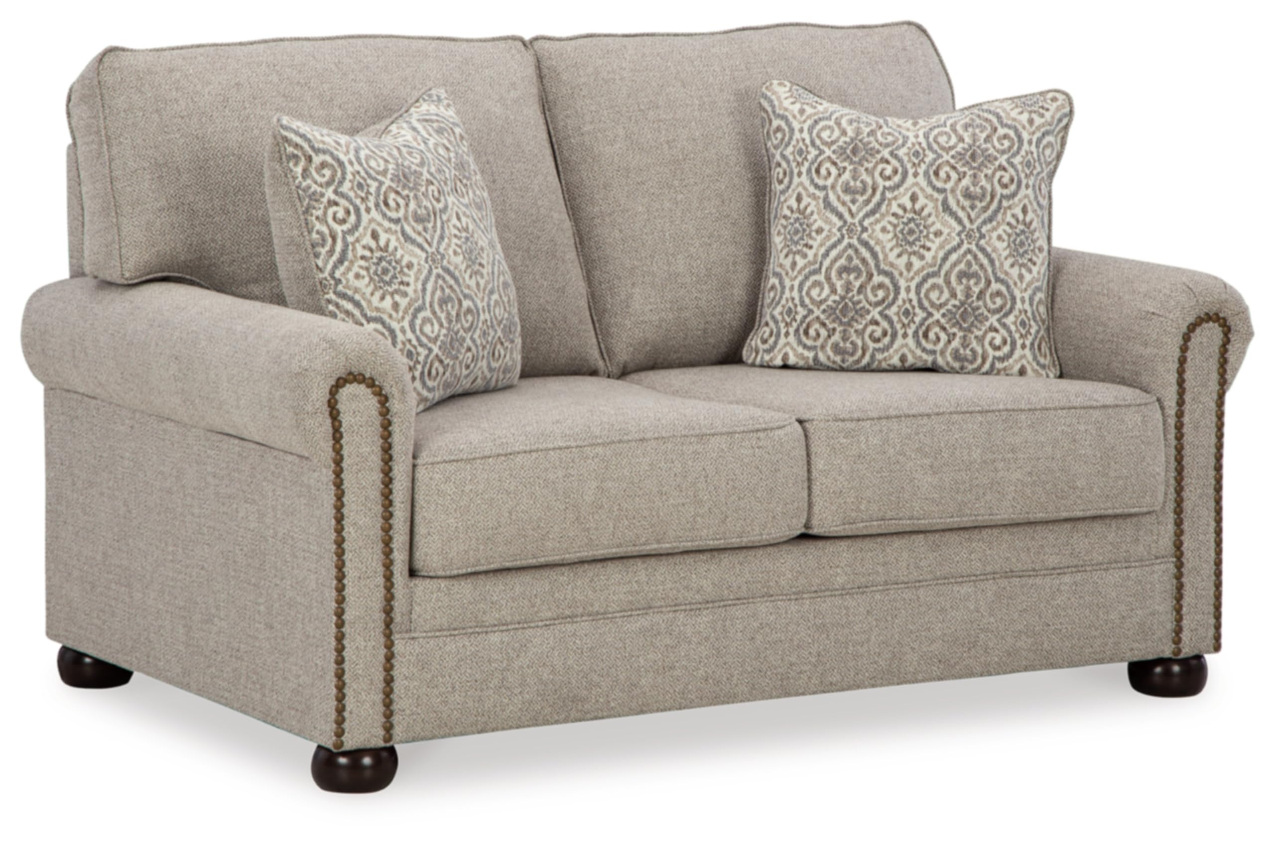 Signature Design by Ashley Gaelon Transitional Loveseat with Nailheads and 2 Accent Pillows, Beige