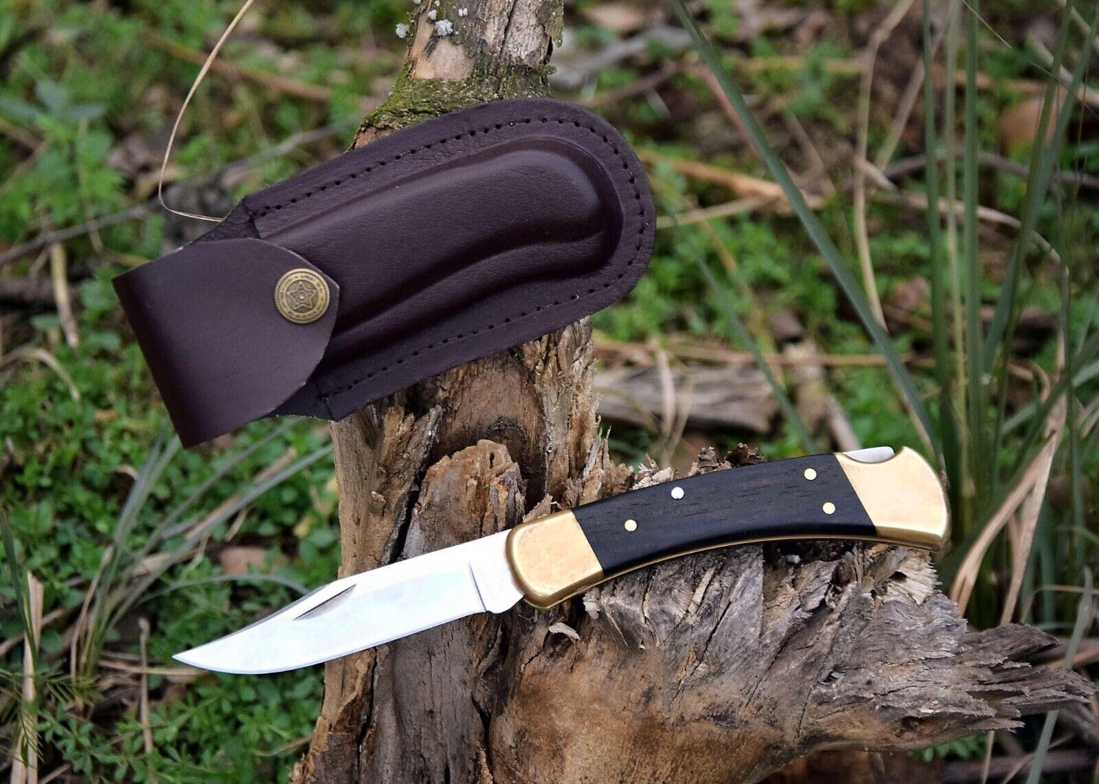 Custom Handmade Leather Genuine Vertical and Horizontal Sheath Folding Pocket Knife Buck 110