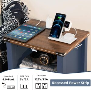 Joaxswe Night Stand with Charging Station and USB Port, 18 Inch Farmhouse Nightstand with Storage Shelf, Rustic Couch End Table with Magnetic Door, Wood Bed Side Tables for Bedroom, Home, Nayv Blue