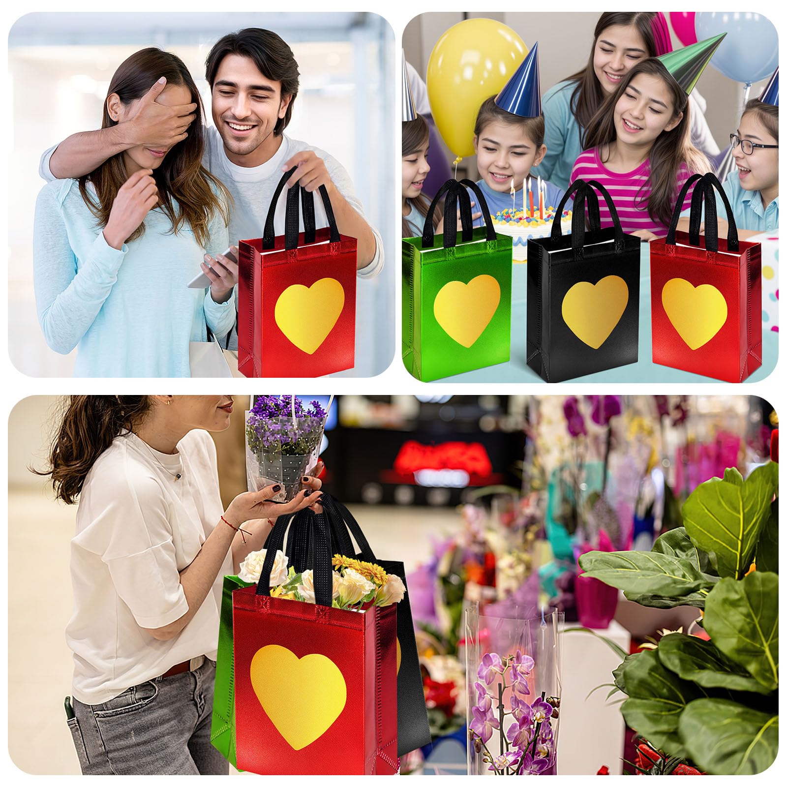 MCPINKY 15PCS Gift Bags with Handles, Green Non-woven Bags with Shiny Gold Heart Reusable Gift Bags Medium Size Party Favor Bags for Birthday Wedding Party Favors